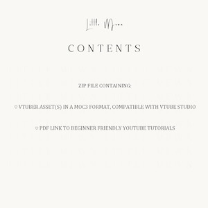 Pode incluir: Uma folha de informa&ccedil;&otilde;es digital com o texto Little Moon e CONTENTS. Lista um arquivo ZIP contendo ativos de VTuber no formato MOC3 compat&iacute;vel com VTube Studio e um link PDF para tutoriais do YouTube para iniciantes com &iacute;cones de cora&ccedil;&atilde;o.