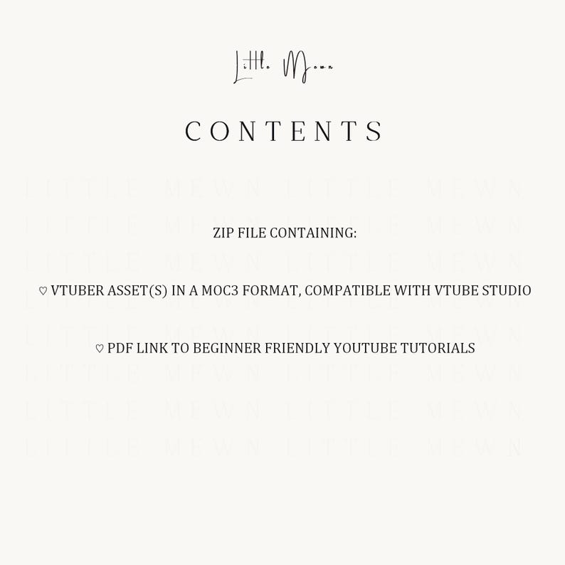 Pode incluir: Uma folha de informa&ccedil;&otilde;es digital com o texto Little Moon e CONTENTS. Lista um arquivo ZIP contendo ativos de VTuber no formato MOC3 compat&iacute;vel com VTube Studio e um link PDF para tutoriais do YouTube para iniciantes com &iacute;cones de cora&ccedil;&atilde;o.