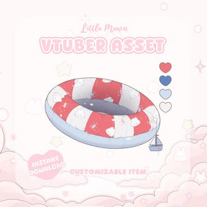 May include: A digital asset for VTubers featuring a red and white striped inner tube with bunny illustrations. The image includes the text "VTUBER ASSET", "Instant Download", and "Customizable Item". A small sailboat graphic is also present.