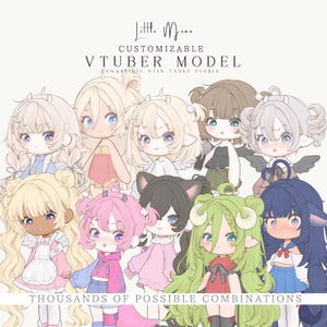 Könnte beinhalten: Eine digitale Illustration von zehn anpassbaren VTuber-Modellen im Chibi-Stil mit verschiedenen Haarfarben, Outfits und Accessoires. Der Text lautet Little Moon CUSTOMIZABLE VTUBER MODEL Compatible with Vtube Studio und THOUSANDS OF POSSIBLE COMBINATIONS.