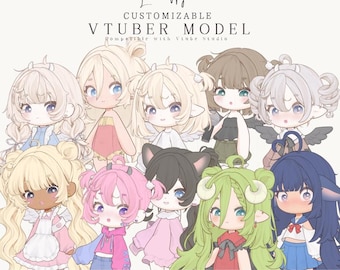 May include: A digital illustration of ten customizable chibi-style VTuber models with diverse hair colors, outfits, and accessories. The text reads Little Moon CUSTOMIZABLE VTUBER MODEL Compatible with Vtube Studio THOUSANDS OF POSSIBLE COMBINATIONS.