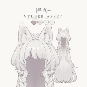 May include: A digital illustration of a VTuber asset titled Little Moon, featuring a hairstyle with large animal ears, bangs, and two side braids. The graphic includes the text VTUBER ASSET Compatible with Vtube Studio and four heart icons.
