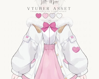 May include: A digital illustration of a white jacket with a pink bow, a pink skirt, and a heart-shaped patch on the sleeve. The text reads Little Moon VTUBER ASSET Compatible with Vtube Studio. Four heart icons in pink, light pink, grey, and white are displayed.