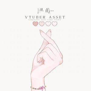 May include: A digital illustration of a hand making a finger heart gesture. Above the hand, the text reads Little Moon, VTUBER ASSET, Compatible with Vtube Studio, followed by four small heart icons in varying shades of pink and white.