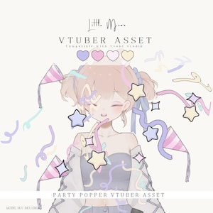 Puede incluir: Un activo digital de VTuber lanzador de confeti con confeti pastel, estrellas y gorros de fiesta a rayas. El gráfico incluye el texto Little Moon, VTUBER ASSET, Compatible with Vtube Studio y PARTY POPPER VTUBER ASSET, con una ilustración de personaje.
