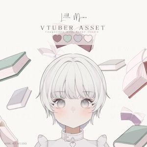 May include: A digital illustration of a character with short white hair and a white collared shirt featuring a heart charm. The text reads Little Moon VTUBER ASSET Compatible with Vtube Studio, surrounded by floating books in pastel shades of green and purple.