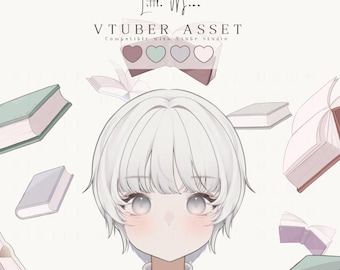 May include: A digital illustration of a character with short white hair and a white collared shirt featuring a heart charm. The text reads Little Moon VTUBER ASSET Compatible with Vtube Studio, surrounded by floating books in pastel shades of green and purple.