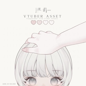 May include: A digital illustration of a hand resting on a head with short white hair and large grey eyes. The text reads Little Moon, VTUBER ASSET, Compatible with Vtube Studio, and MODEL NOT INCLUDED, accompanied by four small heart icons.