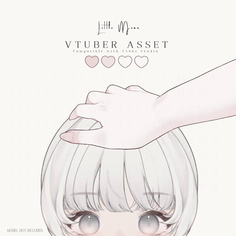 May include: A digital illustration of a hand resting on a head with short white hair and large grey eyes. The text reads Little Moon, VTUBER ASSET, Compatible with Vtube Studio, and MODEL NOT INCLUDED, accompanied by four small heart icons.