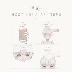 Pode incluir: Uma exibi&ccedil;&atilde;o gr&aacute;fica digital intitulada Little Moon Most Popular Items apresentando quatro pain&eacute;is de ativos VTuber. Os pain&eacute;is mostram uma m&atilde;o segurando um copo de caf&eacute;, uma m&atilde;o tocando o cabelo de um personagem, um personagem espreitando e uma m&atilde;o acariciando uma cabe&ccedil;a.