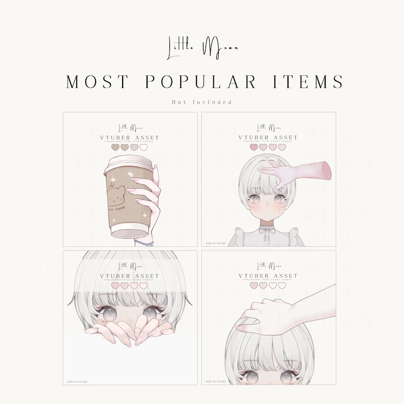 Pode incluir: Uma exibi&ccedil;&atilde;o gr&aacute;fica digital intitulada Little Moon Most Popular Items apresentando quatro pain&eacute;is de ativos VTuber. Os pain&eacute;is mostram uma m&atilde;o segurando um copo de caf&eacute;, uma m&atilde;o tocando o cabelo de um personagem, um personagem espreitando e uma m&atilde;o acariciando uma cabe&ccedil;a.