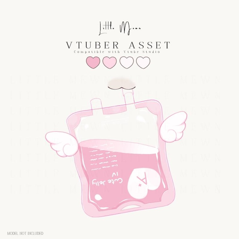 Pode incluir: Uma ilustra&ccedil;&atilde;o digital de uma bolsa de soro rosa com pequenas asas brancas nas laterais. A bolsa apresenta o texto 'Cute Jelly' e um 'A' dentro de um cora&ccedil;&atilde;o. Acima, o texto diz 'Little Moon', 'VTUBER ASSET' e 'Compatible with Vtube Studio'.