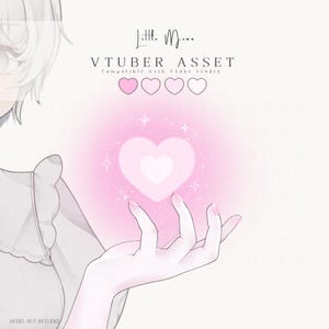 May include: A digital illustration of a glowing pink heart asset for VTuber models. The text reads Little Moon, VTUBER ASSET, Compatible with Vtube Studio, and MODEL NOT INCLUDED. A hand is shown reaching toward the floating, sparkling heart.