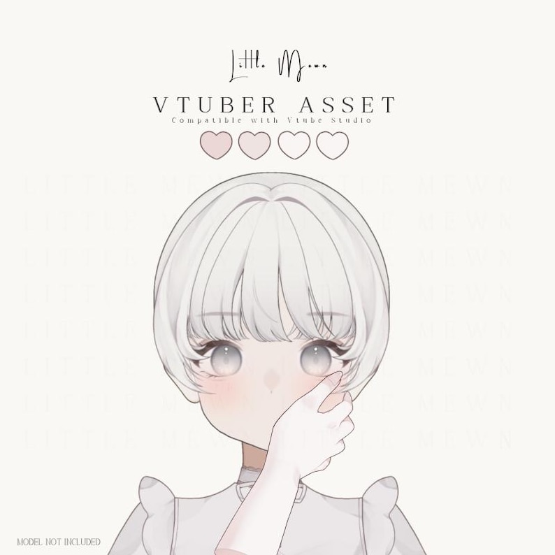 May include: A digital illustration of a character with short white hair, large light eyes, and a pale complexion. The character wears a collared garment with ruffled sleeves. Text reads Little Moon, VTUBER ASSET, Compatible with Vtube Studio.