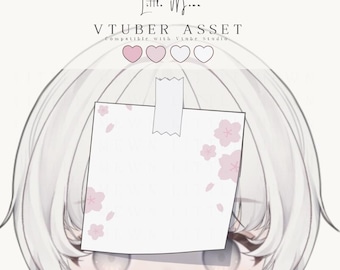 May include: A digital VTuber asset featuring a square white sticky note decorated with light pink cherry blossom illustrations. The note is secured with a white piece of tape and positioned over a stylized illustration of white hair and eyes.