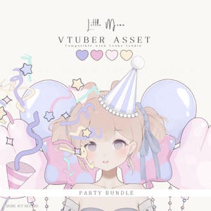 May include: A digital illustration of a party-themed VTuber asset bundle featuring a character wearing a blue and white striped party hat with a pom-pom, surrounded by pastel-colored balloons, confetti, and streamers against a light background.