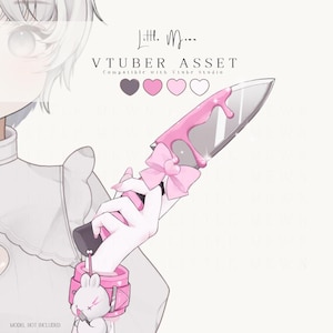 May include: A digital illustration of a knife with a pink bow and pink liquid dripping from the blade. The handle is black and pink, and a small white rabbit charm hangs from the wrist. Text reads Little Moon VTUBER ASSET Compatible with Vtube Studio.