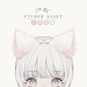 Puede incluir: Una ilustración digital de orejas de animal blancas con detalles interiores rosas, situadas sobre un personaje de pelo blanco y ojos grises. El texto dice Little Moon, VTUBER ASSET, Compatible with Vtube Studio, con cuatro iconos de corazones.