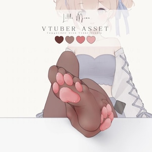 May include: Digital illustration of a character with brown paw-like feet featuring pink pads, wearing a light blue strapless top and white sleeves with lace-up details. The text reads Little Moon VTUBER ASSET Compatible with Vtube Studio.