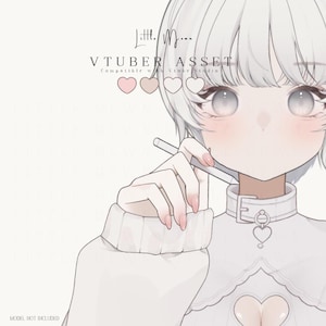 May include: A digital illustration of a character with white hair and large, light-coloured eyes. The character is wearing a white outfit with a heart-shaped cutout and a collar. The image includes the text "VTUBER ASSET" and "Compatible with Vtuber studio."
