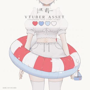 Puede incluir: Una ilustración digital de un personaje que viste una blusa blanca de manga corta con un lazo y pantalones cortos blancos, rodeado por un gran anillo de natación inflable a rayas rojas y blancas. Un pequeño velero azul y blanco cuelga del anillo.