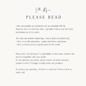 May include: A digital information sheet titled Little M... PLEASE READ. It explains that video tutorial links are in the downloadable PDF, covering idle animations, toggles, hotkey animations, and item attachment. It notes buyer compatibility responsibility.