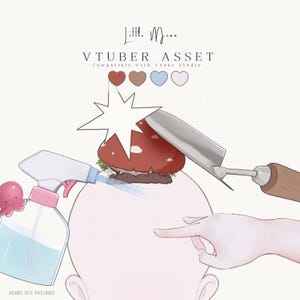 May include: A digital illustration of a VTuber asset featuring a red mushroom with white spots, a spray bottle with a pink cap, a small pink octopus, and a metal trowel with a wooden handle. The text reads Little Moon VTUBER ASSET.