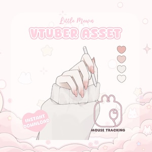 Puede incluir: Ilustración digital de una mano sosteniendo un bolígrafo, con el texto "VTUBER ASSET". La imagen incluye un icono de corazón rosa, las palabras "Instant Download" y un icono de seguimiento del ratón. La paleta de colores es rosa claro y blanco.