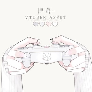 Puede incluir: Una ilustración digital de un mando de videojuegos blanco con un gráfico lineal central de un conejo y un corazón, tapas de joystick rosas con forma de pata y detalles en rosa claro. El texto dice Little Moon, VTUBER ASSET, Compatible with Vtube Studio.