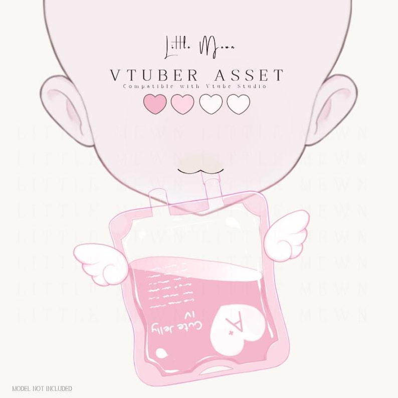 Pode incluir: Uma ilustra&ccedil;&atilde;o digital de uma cabe&ccedil;a de personagem p&aacute;lida e arredondada com orelhas, posicionada acima de um ativo de bolsa de soro rosa. A bolsa apresenta pequenas asas brancas nas laterais, um s&iacute;mbolo A+ em forma de cora&ccedil;&atilde;o e o texto Cute Jelly IV. O texto Little Moon VTUBER ASSET &eacute; vis&iacute;vel acima.