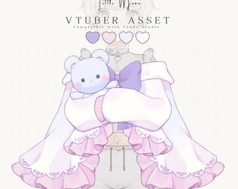 May include: A digital illustration of a character wearing a white and light pink ruffled cape with a large purple bow, holding a small light blue bear plush. The text reads Little Moon, VTUBER ASSET, Compatible with Vtube Studio, and MODEL NOT INCLUDED.