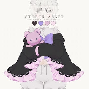 May include: A digital illustration of a character wearing a black cape with light pink ruffled trim featuring heart cutouts, a purple bow, and a light pink teddy bear. The text reads Little Mumu VTUBER ASSET Compatible with Vtube Studio.
