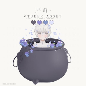 Puede incluir: Una ilustración digital de un personaje con cabello blanco corto dentro de un gran caldero gris oscuro. La escena presenta hongos morados y azules, burbujas flotantes y una paleta de cuatro tonos de azul. El texto dice Little Moon VTUBER ASSET.