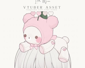 May include: A digital illustration of a pink bear-themed head accessory featuring a small bow, a green leaf, and four heart icons above it. The text reads Little Moon VTUBER ASSET Compatible with Vtube Studio and MODEL NOT INCLUDED.