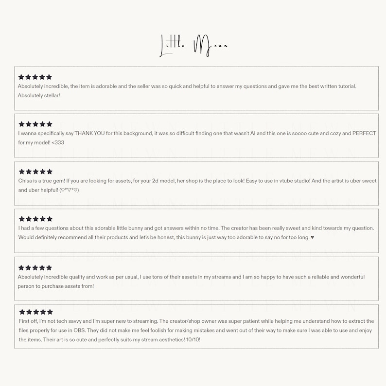 Pode incluir: Um gr&aacute;fico digital exibindo seis avalia&ccedil;&otilde;es de clientes para a loja Little Mama. Cada avalia&ccedil;&atilde;o apresenta cinco estrelas pretas, seguidas de texto elogiando os recursos da loja, a prestatividade do vendedor e a qualidade dos itens digitais.