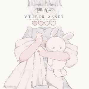 May include: A digital illustration of a character wearing a light grey outfit with a heart-shaped collar detail, holding a pale pink plush rabbit. The text reads Little Moon, VTUBER ASSET, Compatible with Vtube Studio, and Model Not Included.