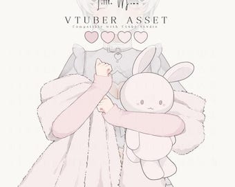 May include: A digital illustration of a character wearing a light gray outfit with a heart-shaped collar detail, holding a pale pink plush rabbit. The text reads Little Moon, VTUBER ASSET, Compatible with Vtube Studio, and Model Not Included.