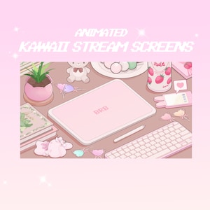 May include: Animated Kawaii Stream Screens with a pink laptop, keyboard, and various cute accessories. The laptop screen says "BRB".