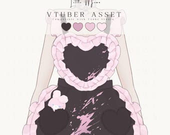 May include: A digital illustration of a black apron with a large heart-shaped chest cutout framed by light pink ruffles. The apron features two heart-shaped pockets, a light pink paint splatter design, and a small pink rabbit character in one pocket.