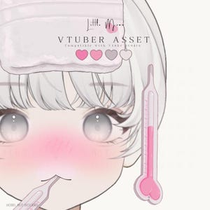 Op de afbeelding: Digitale illustratie van een personage met koorts. Het personage heeft een roze blos, een thermometer in de mond en een koud kompres op het hoofd. De afbeelding bevat de tekst "VTUBER ASSET".