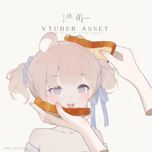 May include: A digital illustration of a character with light hair in pigtails and animal ears, featuring two hands holding slices of toasted bread near the character's head. Text reads Little Muna VTUBER ASSET Compatible with Vtube Studio.