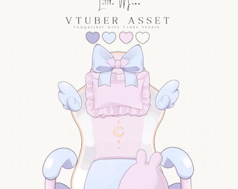 May include: A digital illustration of a gaming chair featuring a light pink and white color scheme, a large light blue bow, a ruffled rectangular pillow, two small wings on the sides, and a small pink rabbit-shaped plushie sitting on the seat.