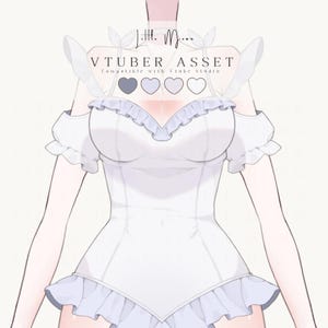 May include: A white digital illustration of a bodysuit featuring off-the-shoulder puff sleeves, a ruffled sweetheart neckline, and a ruffled hem. The text Little Moon VTUBER ASSET Compatible with Vtube Studio is displayed above four heart icons.