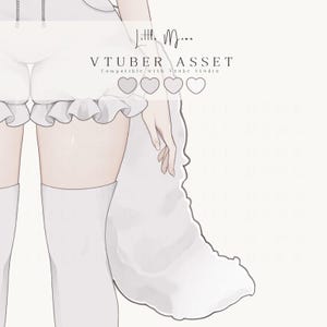 May include: A digital illustration of a character wearing white ruffled shorts and thigh-high socks, featuring a large white tail. The image includes the text Little Moon, VTUBER ASSET, and Compatible with Vtube Studio, along with four heart icons.