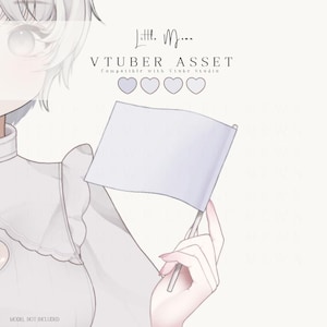 May include: A digital illustration of a light purple flag held by a hand. The text reads Little Moon, VTUBER ASSET, Compatible with Vtube Studio, and MODEL NOT INCLUDED. The design features four small light purple heart icons in a horizontal row.