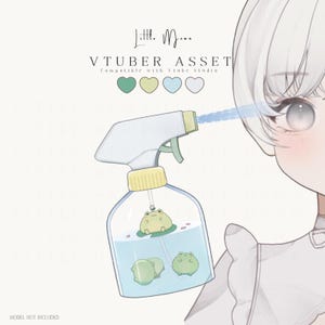 May include: A digital illustration of a spray bottle containing water and three small green frogs, with the text Little Moon VTUBER ASSET Compatible with Vtube Studio. A partial view of a character with white hair is visible on the right side.