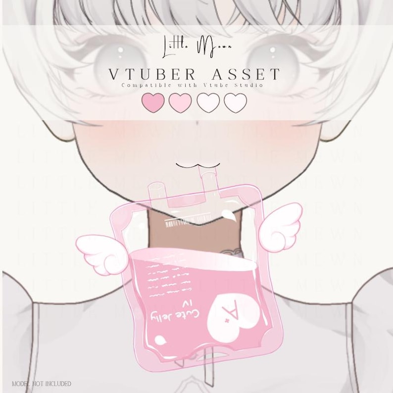 Pode incluir: Um recurso digital para VTuber apresentando uma bolsa de soro rosa com pequenas asas brancas, rotulada como Cute Jelly IV com um &iacute;cone de cora&ccedil;&atilde;o A+. O gr&aacute;fico inclui o texto Little Moon, VTUBER ASSET, Compatible with Vtube Studio e MODEL NOT INCLUDED.