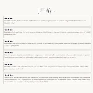 May include: A digital graphic displaying six customer reviews for the shop Little Mama. Each review features five black stars, followed by text praising the shop's assets, the seller's helpfulness, and the quality of the digital items provided.