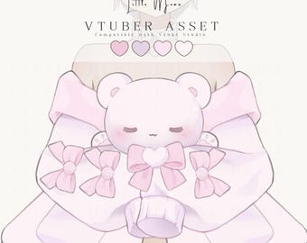 May include: A digital illustration of a light pink oversized sweater featuring four pink bows on the sleeves and a central heart-shaped bow. A small, light pink bear plush with closed eyes is held in the center. Text reads Little Moon VTUBER ASSET.