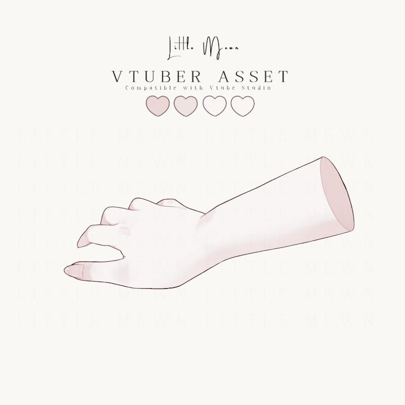 May include: A digital illustration of a pale-toned arm and hand with a relaxed pose. The image includes the text Little Moon, VTUBER ASSET, and Compatible with Vtube Studio, accompanied by a row of four small, light pink heart icons.